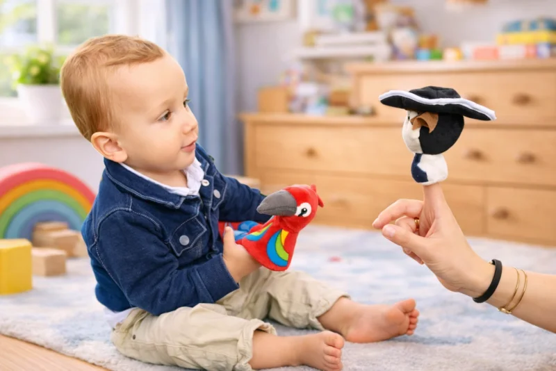 Enfant jouant avec les figurines à doigt Little Heroes — jouet éducatif en tissu