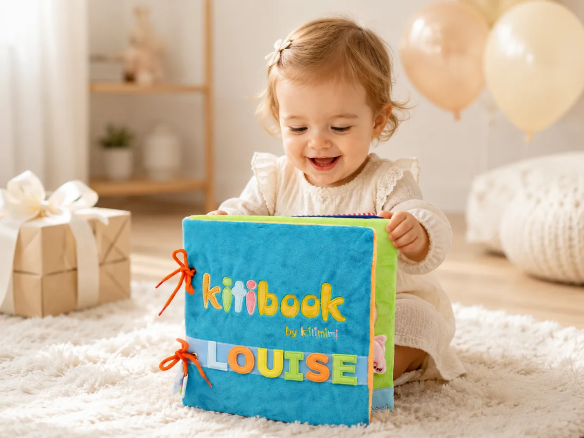 Cadeau de 1 an personnalisé : bébé découvrant le livre d'éveil Kitibook à son prénom