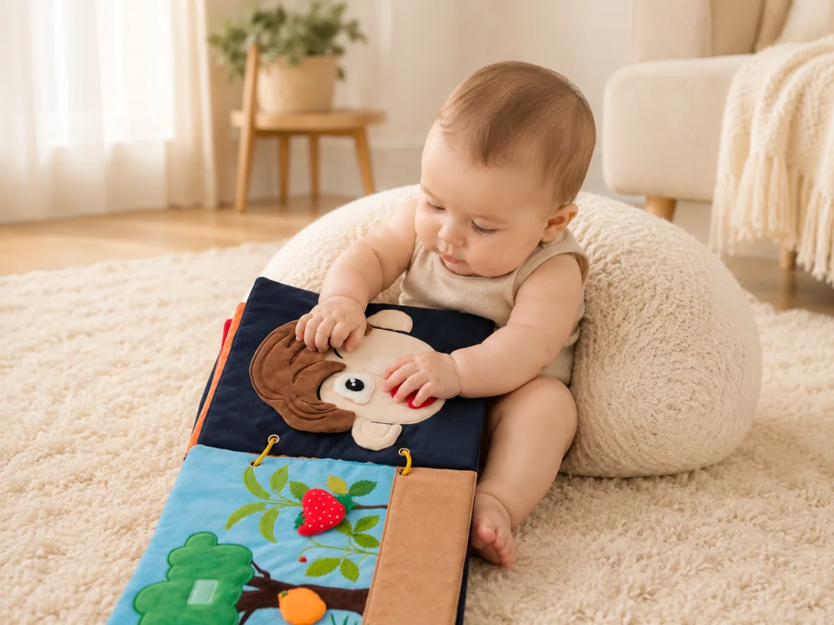 Livre d'éveil 6 mois en tissu : bébé touchant les textures d'une planche Kitibook