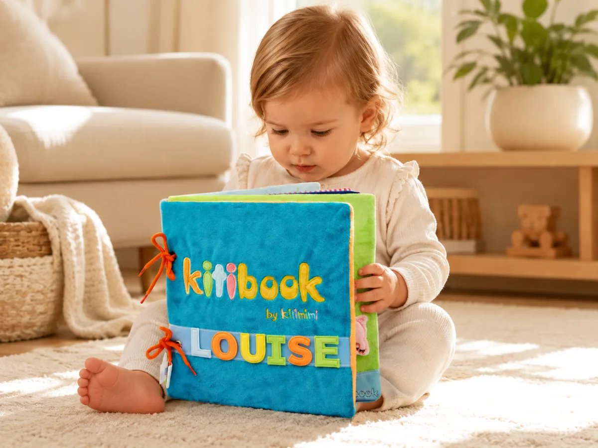 Livre d'éveil personnalisé Kitibook au prénom brodé, tenu par un jeune enfant