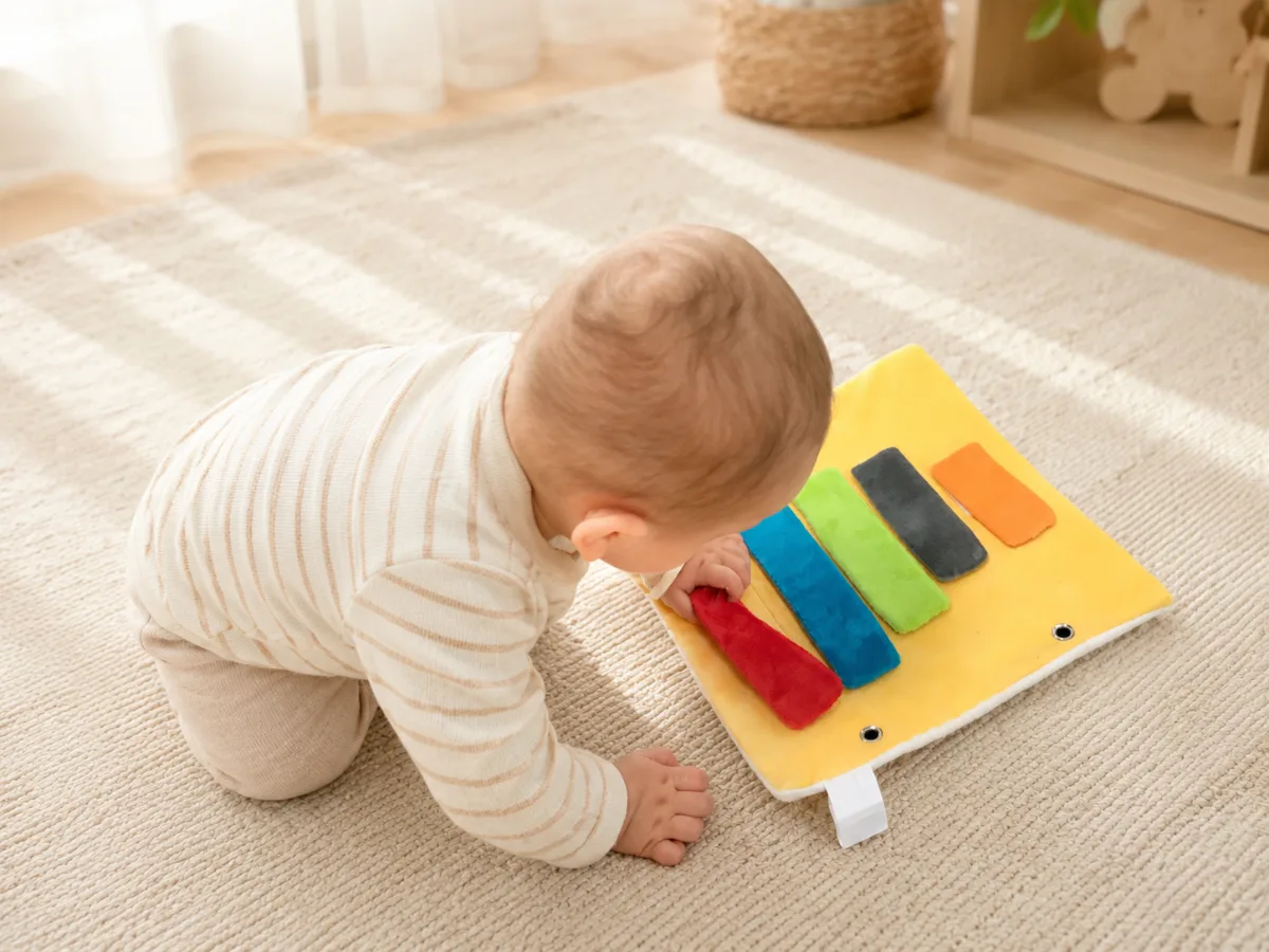 Bébé explorant un livre en tissu Kitibook aux languettes texturées colorées sur un tapis clair