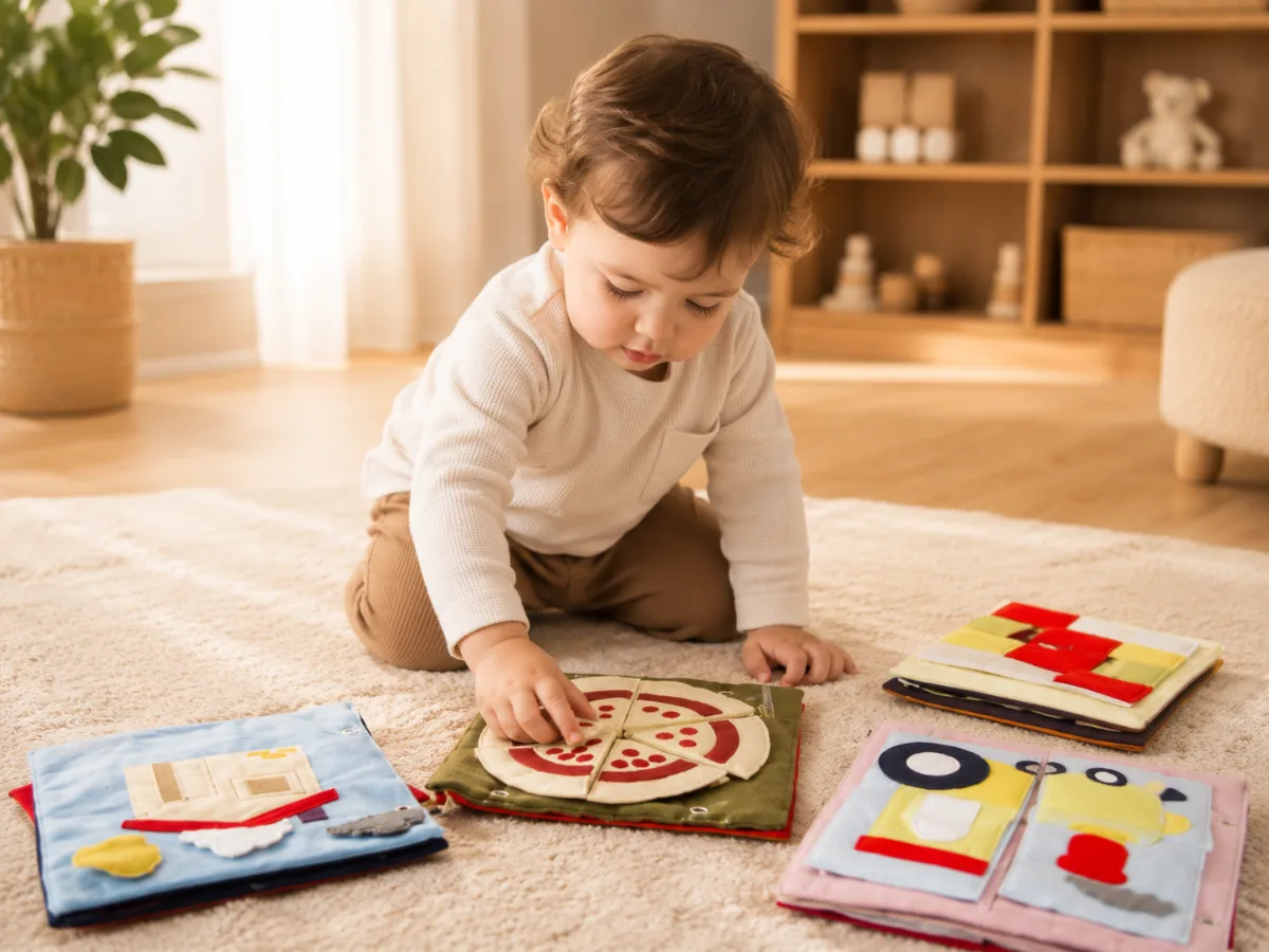 Livre d'éveil 2 ans : enfant associant et manipulant une planche d'activité Kitibook
